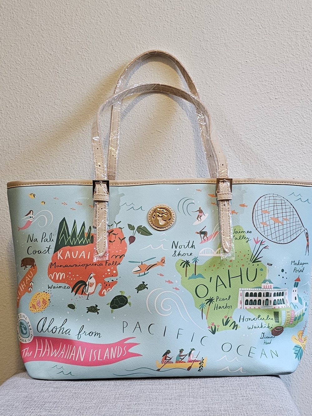 Spartina 449 Light Blue Hawaiian Map Print Tote with Cream Handles